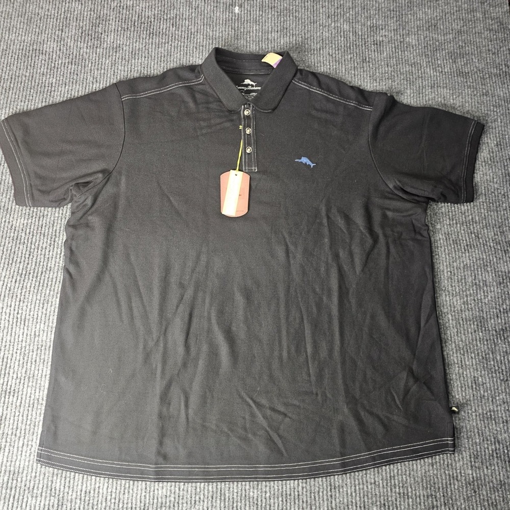 Tommy Bahama Emfielder Polo Shirt Mens 2XL Black Pique Supima Marlin Logo Golf
